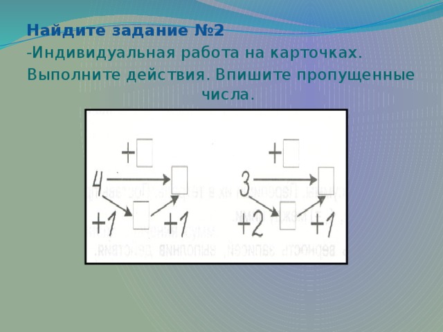 Найдите задание №2 -Индивидуальная работа на карточках. Выполните действия. Впишите пропущенные числа. 