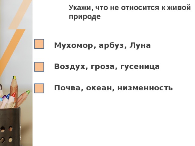 Укажи, что не относится к живой природе Мухомор, арбуз, Луна  Воздух, гроза, гусеница  Почва, океан, низменность  