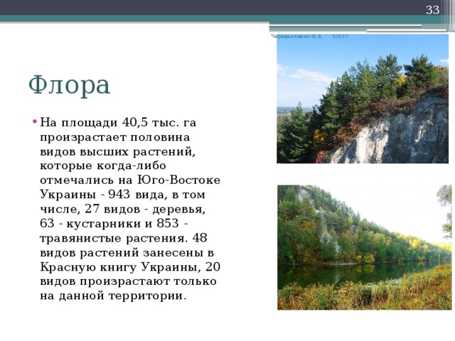  5/3/17 Чередниченко И.А. Флора  На площади 40,5 тыс. га произрастает половина видов высших растений, которые когда-либо отмечались на Юго-Востоке Украины - 943 вида, в том числе, 27 видов - деревья, 63 - кустарники и 853 - травянистые растения. 48 видов растений занесены в Красную книгу Украины, 20 видов произрастают только на данной территории. 