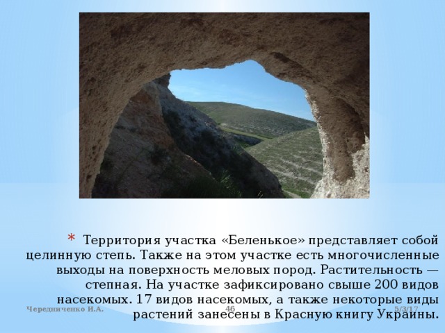 Территория участка «Беленькое» представляет собой целинную степь. Также на этом участке есть многочисленные выходы на поверхность меловых пород. Растительность — степная. На участке зафиксировано свыше 200 видов насекомых. 17 видов насекомых, а также некоторые виды растений занесены в Красную книгу Украины. 5/3/17 Чередниченко И.А.  