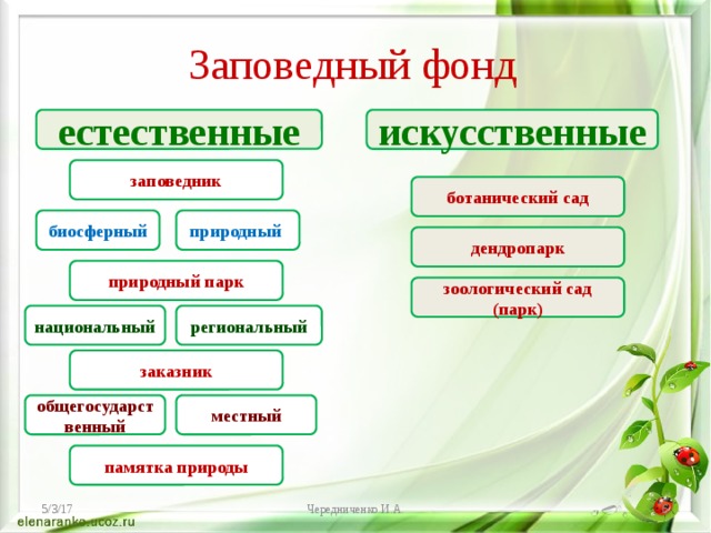 Заповедный фонд искусственные естественные заповедник ботанический сад биосферный природный дендропарк природный парк зоологический сад (парк) национальный региональный заказник общегосударственный местный памятка природы 5/3/17 Чередниченко И.А.  