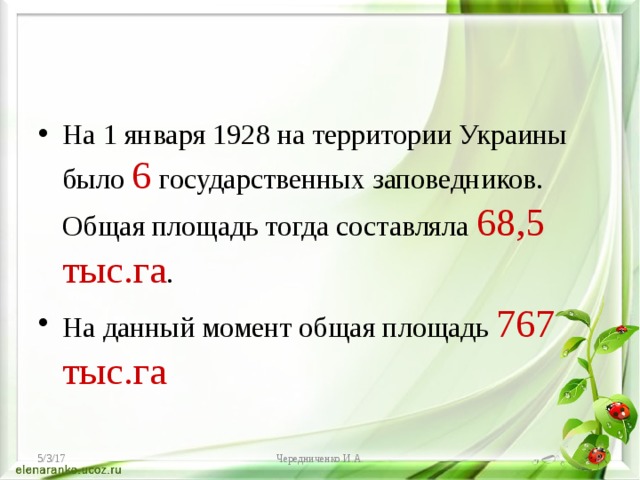 На 1 января 1928 на территории Украины было 6 государственных заповедников.  Общая площадь тогда составляла 68,5 тыс.га . На данный момент общая площадь 767 тыс.га 5/3/17 Чередниченко И.А.  