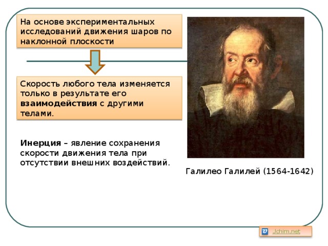 На основе экспериментальных исследований движения шаров по наклонной плоскости Скорость любого тела изменяется только в результате его взаимодействия с другими телами. Инерция – явление сохранения скорости движения тела при отсутствии внешних воздействий. Галилео Галилей (1564-1642) 