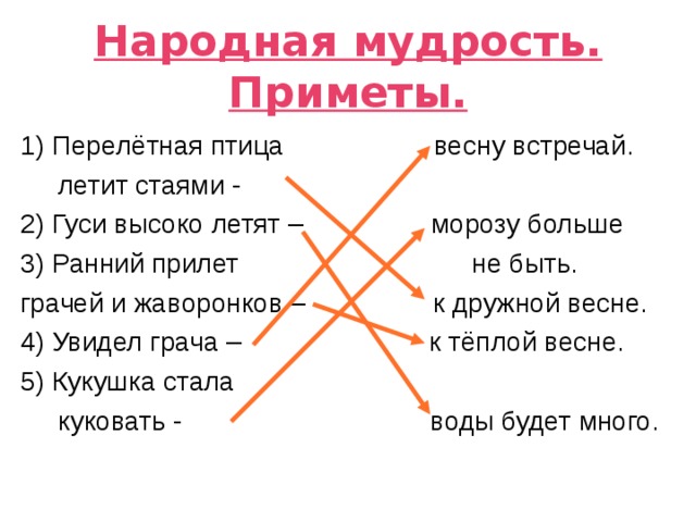 Народная мудрость. Приметы. 1) Перелётная птица весну встречай.  летит стаями - 2) Гуси высоко летят – морозу больше 3) Ранний прилет не быть. грачей и жаворонков – к дружной весне. 4) Увидел грача – к тёплой весне. 5) Кукушка стала  куковать - воды будет много. 
