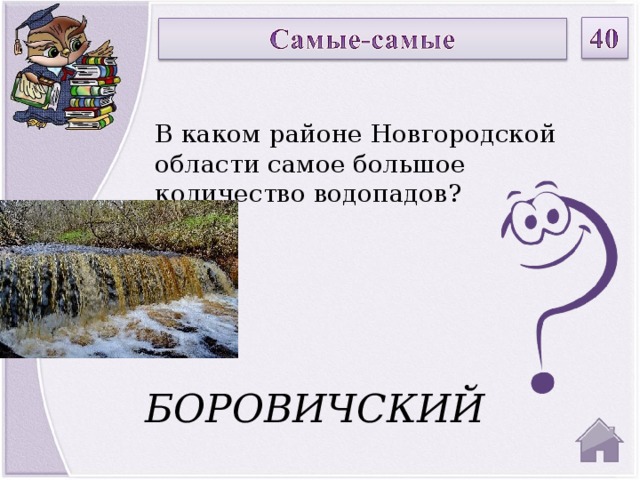 В каком районе Новгородской области самое большое количество водопадов? БОРОВИЧСКИЙ  