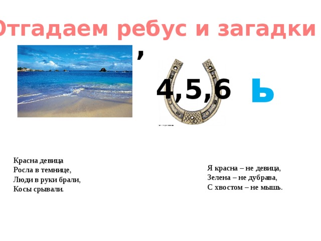 Возьми загадку. Красна девица росла в темнице люди в руки брали косы срывали. Берет ребус. В руках увеличивается загадка. Берешь в руки увеличивается загадка.