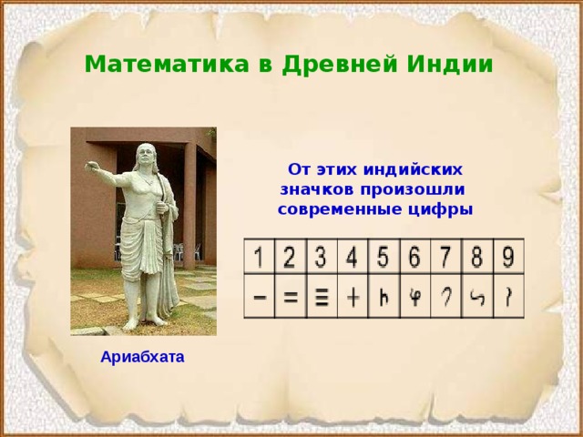 Математика в Древней Индии От этих индийских значков произошли современные цифры  Ариабхата  