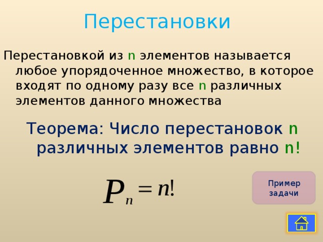 Перестановки Перестановкой из  n  элементов называется любое упорядоченное множество, в которое входят по одному разу все n различных элементов данного множества Теорема: Число перестановок n различных элементов равно n ! Пример задачи 