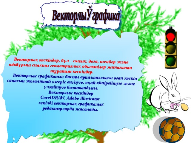        Векторлық кескіндер, бұл - сызық, доға, шеңбер және тікбұрыш сияқты геометриялық объектілер жинағынан  тұратын кескіндер.   Векторлық графиканың басты артықшылығы оған кескін сапасын жоғалтпай өзгеріс енгізуге, оңай кішірейтуге және үлкейтуге болатындығы.  Векторлық кескіндер СorelDRAW, Adobe illustrator  секілді векторлық графикалық  редакторларда жасалады. 