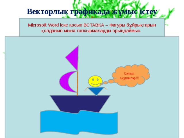Векторлық графикада жұмыс істеу Microsoft Word іске қосып ВСТАВКА – Фигуры бұйрықтарын қолданып мына тапсырмаларды орындаймыз. Сәлем, оқушылар!!! 