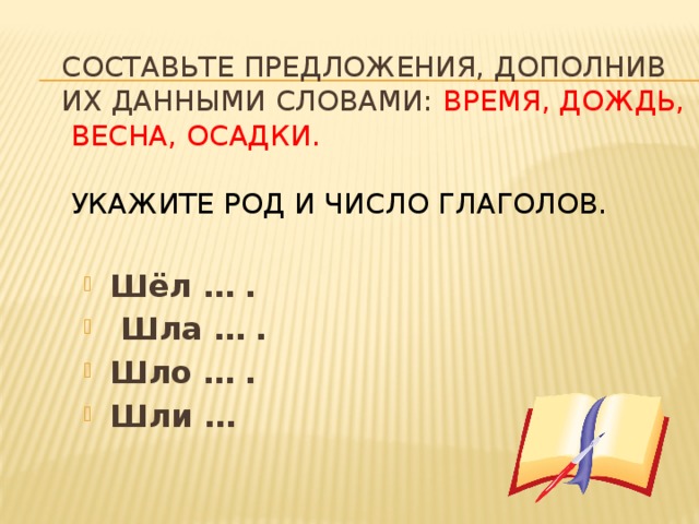 Предложение с глаголом иду. Ходил число время род. Составь предложение и определи части речи  весенний дождик.