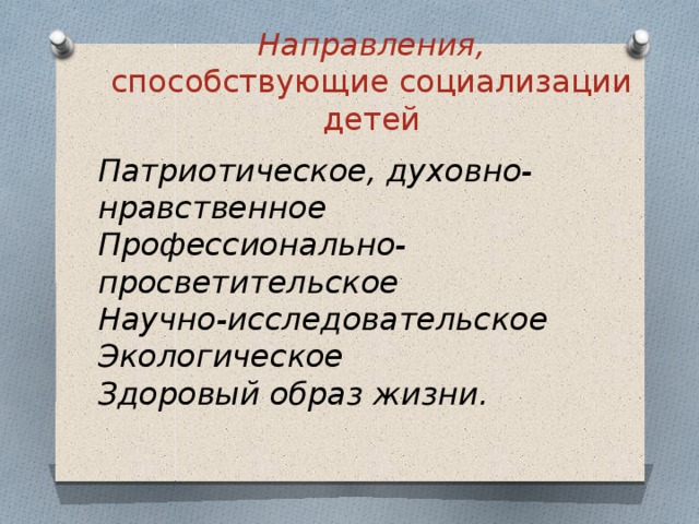 Направления,  способствующие социализации детей Патриотическое, духовно-нравственное Профессионально-просветительское Научно-исследовательское Экологическое Здоровый образ жизни. 