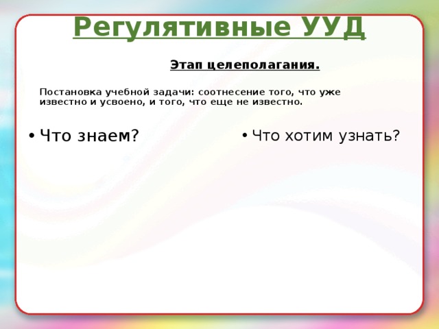 Регулятивные УУД   Этап целеполагания.  Постановка учебной задачи: соотнесение того, что уже известно и усвоено, и того, что еще не известно. Что знаем? Что хотим узнать?  