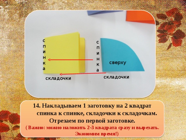 спинка спинка сверху складочки складочки 14. Накладываем 1 заготовку на 2 квадрат спинка к спинке, складочки к складочкам. Отрезаем по первой заготовке. ( Важно: можно наложить 2-3 квадрата сразу и вырезать. Экономим время!)