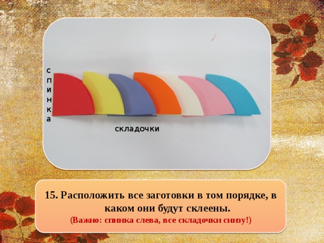 спинка складочки 15. Расположить все заготовки в том порядке, в каком они будут склеены. (Важно: спинка слева, все складочки снизу!)