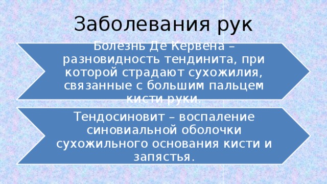 Заболевания рук Болезнь Де Кервена – разновидность тендинита, при которой страдают сухожилия, связанные с большим пальцем кисти руки. Тендосиновит – воспаление синовиальной оболочки сухожильного основания кисти и запястья. 