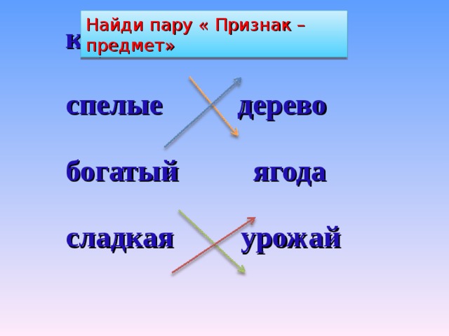 Найди пару « Признак – предмет» красивое овощи спелые дерево богатый ягода сладкая урожай