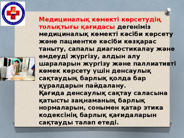 Медициналық көмекті көрсетудің толықтығы қағидасы дегеніміз медициналық көмекті кәсіби көрсету және пациентке кәсіби көзқарас таныту, сапалы диагностикалау және емдеуді жүргізу, алдын алу шараларын жүргізу және паллиативті көмек көрсету үшін денсаулық сақтаудың барлық қолда бар құралдарын пайдалану.  Қағида денсаулық сақтау саласына қатысты заңнаманың барлық нормаларын, сонымен қатар этика кодексінің барлық қағидаларын сақтауды талап етеді. 