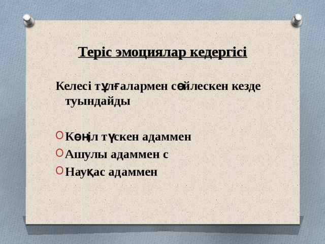 Теріс эмоциялар кедергісі Келесі тұлғалармен сөйлескен кезде туындайды  Көңіл түскен адаммен Ашулы адаммен с Науқас адаммен 