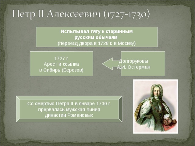 Испытывал тягу к старинным русским обычаям (переезд двора в 1728 г. в Москву) А.Д. Меншиков Долгоруковы А.И. Остерман 1727 г. Арест и ссылка в Сибирь (Березов) Со смертью Петра II в январе 1730 г. прервалась мужская линия династии Романовых  