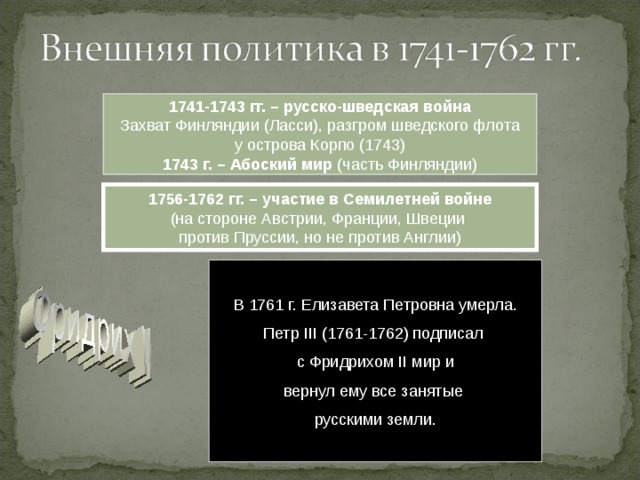 1741-1743 гг. – русско-шведская война Захват Финляндии (Ласси), разгром шведского флота у острова Корпо (1743) 1743 г. – Абоский мир (часть Финляндии) 1756-1762 гг. – участие в Семилетней войне (на стороне Австрии, Франции, Швеции против Пруссии, но не против Англии) В 1761 г. Елизавета Петровна умерла. Петр III (1761-1762) подписал с Фридрихом II мир и вернул ему все занятые русскими земли. 1757 г. – Грос-Егерсдорф 1758 г. – Цорндорф 1759 г. – Кунерсдорф 1760 г. – Берлин 1761 г. – Кольберг  