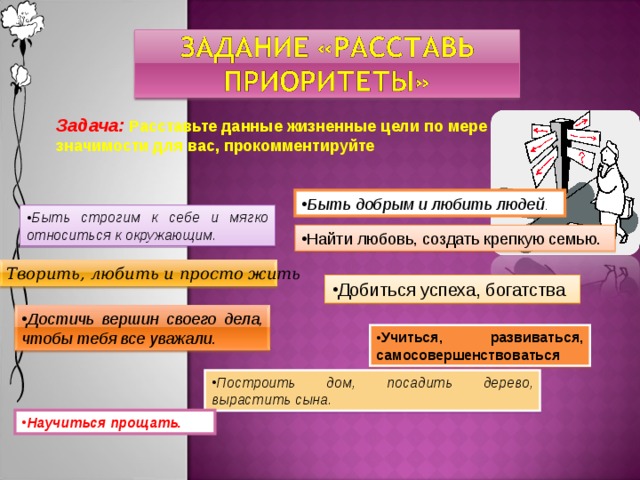 Задача : Расставьте данные жизненные цели по мере значимости для вас, прокомментируйте Быть добрым и любить людей . Быть строгим к себе и мягко относиться к окружающим. Найти любовь, создать крепкую семью. Творить, любить и просто жить Добиться успеха, богатства . Достичь вершин своего дела, чтобы тебя все уважали. Учиться, развиваться, самосовершенствоваться Построить дом, посадить дерево, вырастить сына. Научиться прощать. 8 