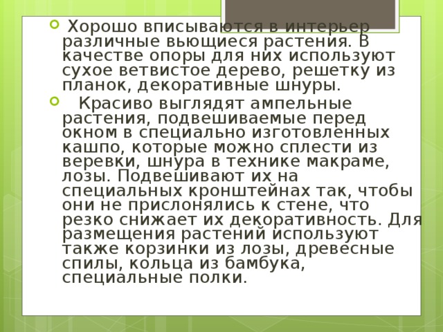  Хорошо вписываются в интерьер различные вьющиеся растения. В качестве опоры для них используют сухое ветвистое дерево, решетку из планок, декоративные шнуры.  Красиво выглядят ампельные растения, подвешиваемые перед окном в специально изготов­ленных кашпо, которые можно сплести из веревки, шнура в технике макраме, лозы. Подвешивают их на специальных кронштейнах так, чтобы они не прислонялись к стене, что резко снижает их декоративность. Для размещения растений используют также корзинки из лозы, древесные спилы, кольца из бамбука, специальные полки.  