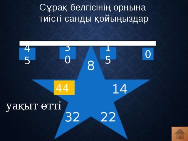 Сұрақ белгісінің орнына тиісті санды қойыңыздар 30 15 45 0 8 ? 14 44 уақыт өтті 32 22 