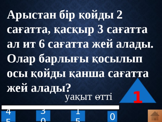 Арыстан бір қойды 2 сағатта, қасқыр 3 сағатта ал ит 6 сағатта жей алады. Олар барлығы қосылып осы қойды қанша сағатта жей алады? 1 уақыт өтті 30 15 0 45 