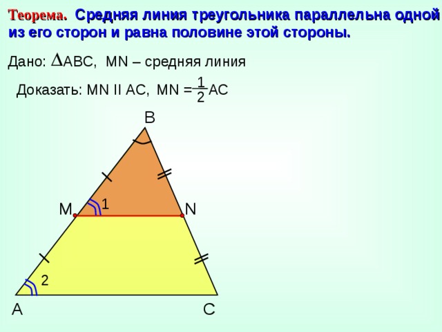 Теорема.  Средняя линия треугольника параллельна одной из его сторон и равна половине этой стороны. Дано: ABC, МN – средняя линия 1 Доказать: МN II АС, MN = АС 2 B 1 М N 2 C А
