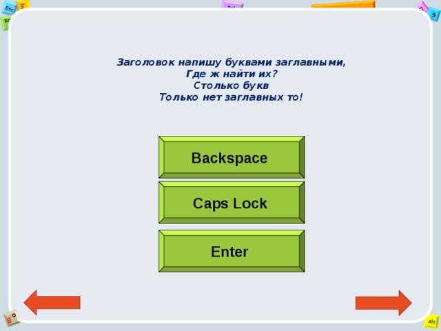 Заголовок напишу буквами заглавными,  Где ж найти их?  Столько букв  Только нет заглавных то!   Backspaсe  Caps Lock  Enter