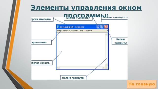 Элементы управления окном программы: На главную