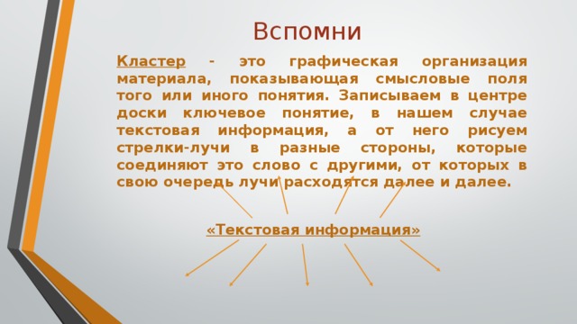 Вспомни Кластер - это графическая организация материала, показывающая смысловые поля того или иного понятия. Записываем в центре доски ключевое понятие, в нашем случае текстовая информация, а от него рисуем стрелки-лучи в разные стороны, которые соединяют это слово с другими, от которых в свою очередь лучи расходятся далее и далее. Создание кластера по пройденной теме. «Текстовая информация»