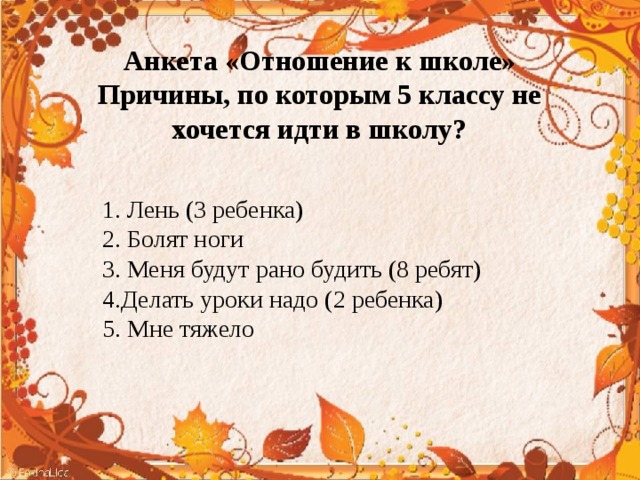 Анкета «Отношение к школе»  Причины, по которым 5 классу не хочется идти в школу?   1. Лень (3 ребенка) 2. Болят ноги 3. Меня будут рано будить (8 ребят) 4.Делать уроки надо (2 ребенка) 5. Мне тяжело 