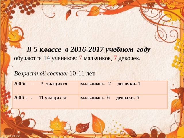 В 5 классе в 2016-2017 учебном году обучаются 14 учеников: 7 мальчиков, 7 девочек. Возрастной состав: 10-11 лет. 2005г. – 3 учащихся 2006 г. - 11 учащихся мальчиков- 2 девочки- 1 мальчиков- 6 девочки- 5     