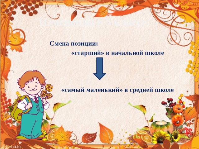 Изменения в 5 классе: Смена позиции: «старший» в начальной школе    «самый маленький» в средней школе   