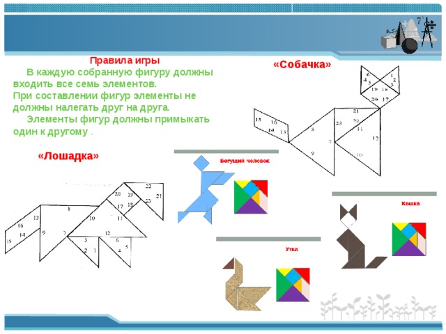 Правила игры  В каждую собранную фигуру должны входить все семь элементов.  При составлении фигур элементы не должны налегать друг на друга.  Элементы фигур должны примыкать один к другому . «Собачка» «Лошадка» 