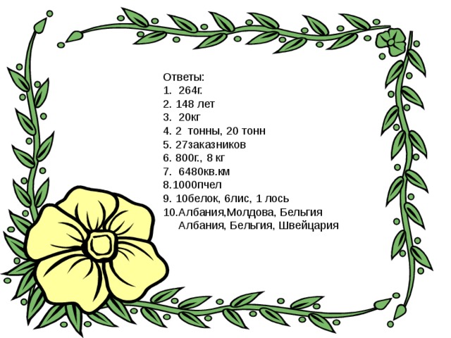 Ответы: 1. 264г. 2. 148 лет 3. 20кг 4. 2 тонны, 20 тонн 5. 27заказников 6. 800г., 8 кг 7. 6480кв.км 8.1000пчел 9. 10белок, 6лис, 1 лось 10.Албания,Молдова, Бельгия  Албания, Бельгия, Швейцария 