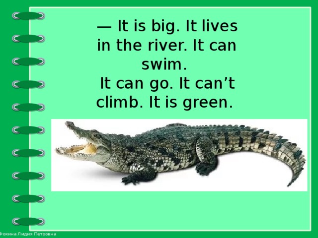 — It is big. It lives in the river. It can swim. It can go. It can’t climb. It is green. 