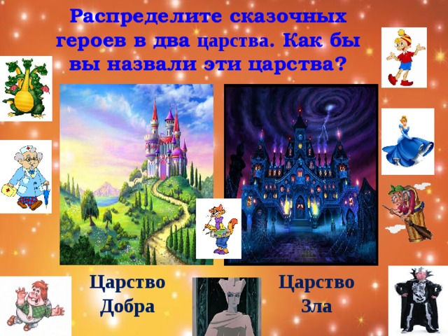Распределите сказочных героев в два царства . Как бы вы назвали эти царства? Царство Зла Царство Добра  