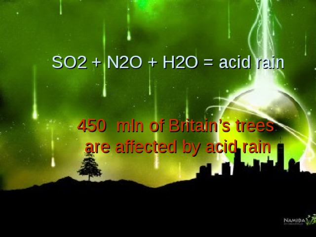  SO2 + N2O + H2O = acid rain     450 mln of Britain’s trees  are affected by acid rain 