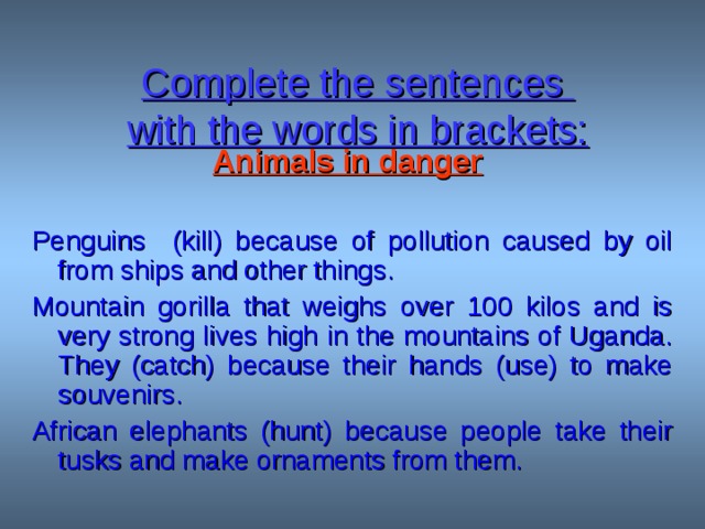 Complete the sentences  with the words in brackets:  Animals in danger  Penguins (kill) because of pollution caused by oil from ships and other things. Mountain gorilla that weighs over 100 kilos and is very strong lives high in the mountains of Uganda. They (catch) because their hands (use) to make souvenirs. African elephants (hunt) because people take their tusks and make ornaments from them. 