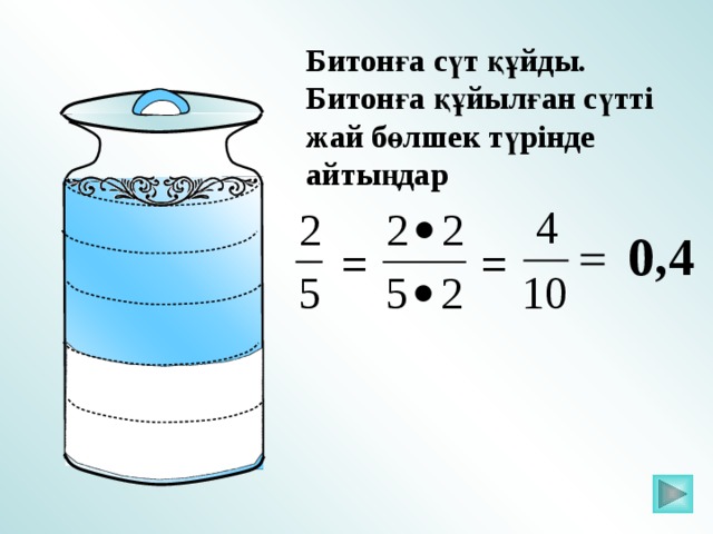 Битонға сүт құйды. Битонға құйылған сүтті жай бөлшек түрінде айтыңдар 0,4 = = 