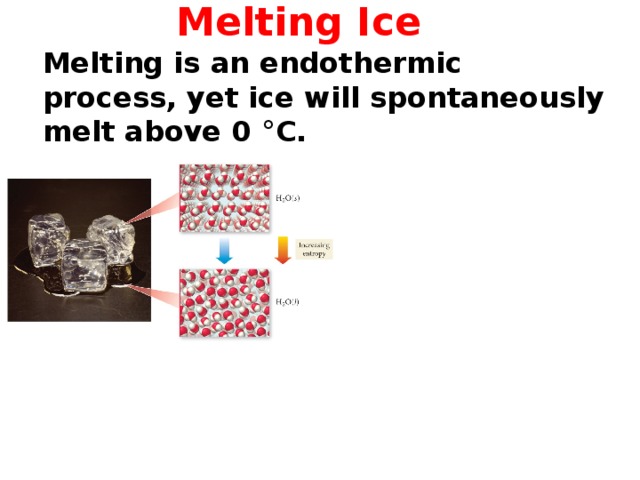 Melting Ice Melting is an endothermic  process, yet ice will spontaneously melt above 0 °C. 