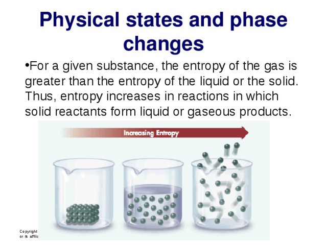  Physical states and phase changes   For a given substance, the entropy of the gas is greater than the entropy of the liquid or the solid. Thus, entropy increases in reactions in which solid reactants form liquid or gaseous products. Copyright © Pearson Education, Inc., or its affiliates. All Rights Reserved.  