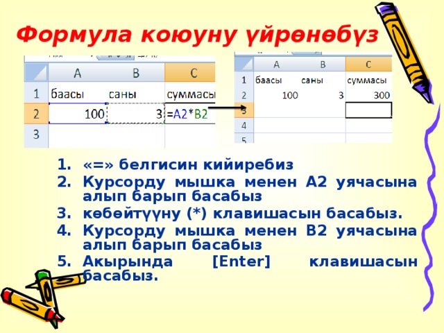 Формула  коюуну  үйрөнөбүз «=» белгисин кийиребиз Курсорду мышка менен А2 уячасына алып барып басабыз көбөйтүүну (*) клавишасын басабыз. Курсорду мышка менен В2 уячасына алып барып басабыз Акырында [Enter] клавишасын басабыз. 