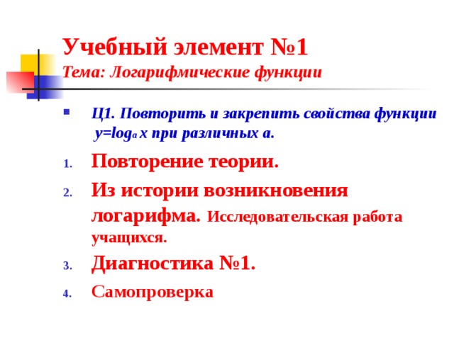 Учебный элемент №1  Тема: Логарифмические функции Ц1. Повторить и закрепить свойства функции у=log a x при различных а. Повторение теории. Из истории возникновения логарифма. Исследовательская работа учащихся. Диагностика №1.  Самопроверка  