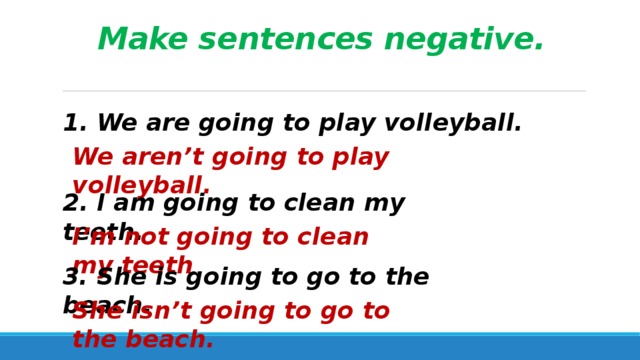 Make the sentences negative. Be going to sentences. Make sentences with going to. Negative sentences make the sentences negative.