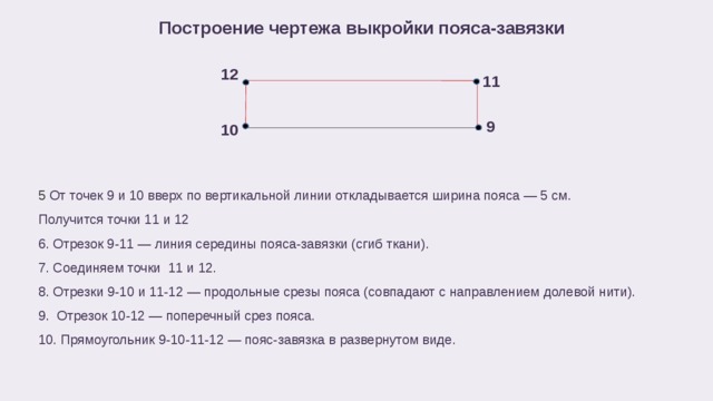 Построение чертежа выкройки пояса-завязки 12 11 9 10 5 От точек 9 и 10 вверх по вертикальной линии откладывается ширина пояса — 5 см. Получится точки 11 и 12 6. Отрезок 9-11 — линия середины пояса-завязки (сгиб ткани). 7. Соединяем точки 11 и 12. 8. Отрезки 9-10 и 11-12 — продольные срезы пояса (совпадают с направлением долевой нити). 9. Отрезок 10-12 — поперечный срез пояса. 10. Прямоугольник 9-10-11-12 — пояс-завязка в развернутом виде. 