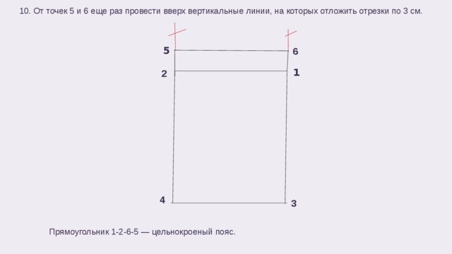 10. От точек 5 и 6 еще раз провести вверх вертикальные линии, на которых отложить отрезки по 3 см. 5 6 1 2 4  3  Прямоугольник 1-2-6-5 — цельнокроеный пояс. 